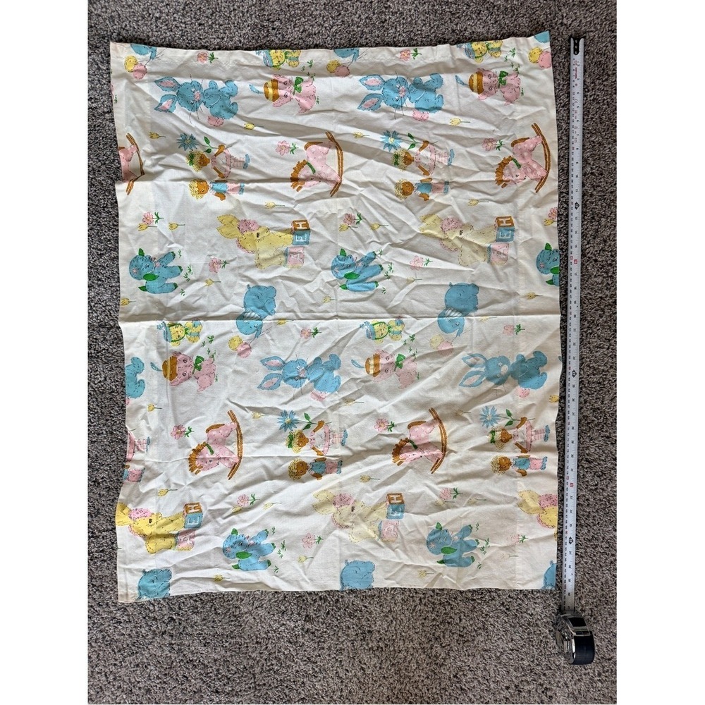 Vintage Pastel Bunny Rocking Horse Print Curtain Scrap Fabric White Blue Pink